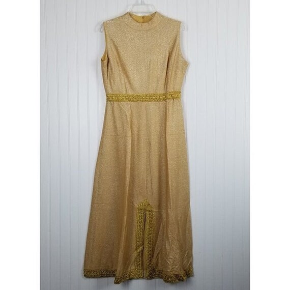 Vintage Dress Gold Lace Sparkle Sleeveless Maxi Fu