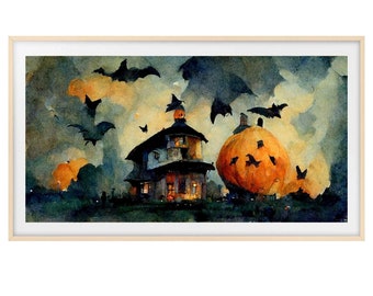 Halloween Frame TV Art | Haunted House Watercolor Printable Art | Large Pumkpin