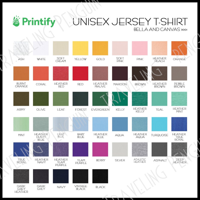 Printify Bella and Canvas 3001 Shirts Color Chart Printify | Etsy