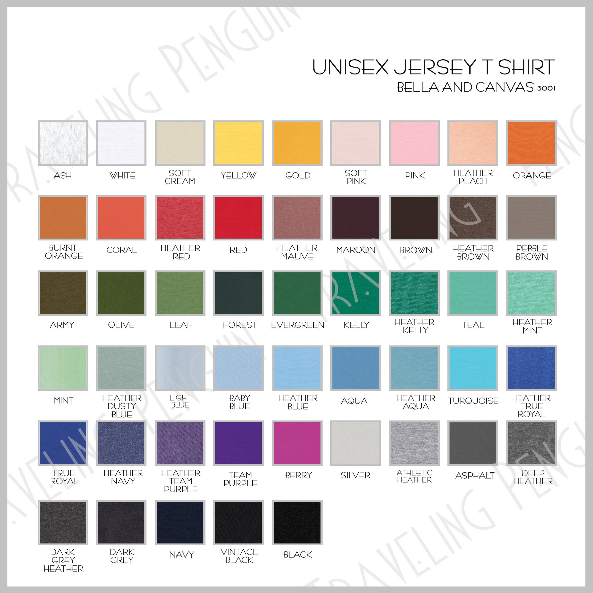 Printify Bella and Canvas 3001 Shirts Color Chart Printify Etsy