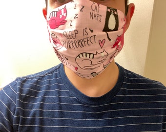 Handmade 100% Cotton Face Mask with Filter Insert -- Cat Design