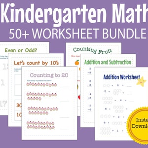 Kindergarten math 50+ Worksheet Bundle, Instant Download, Printable Worksheets for Homeschool, Distance Learning, Preschool, Grade 1