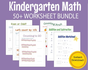 Kindergarten math 50+ Worksheet Bundle, Instant Download, Printable Worksheets for Homeschool, Distance Learning, Preschool, Grade 1