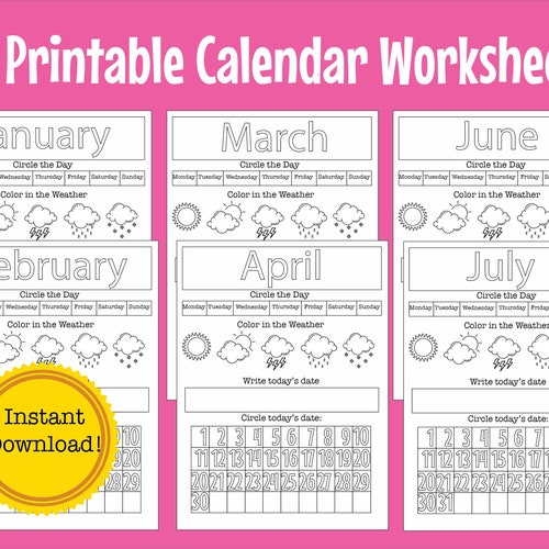 12 Preschool Kindergarten Calendar Worksheet Pages Month Etsy