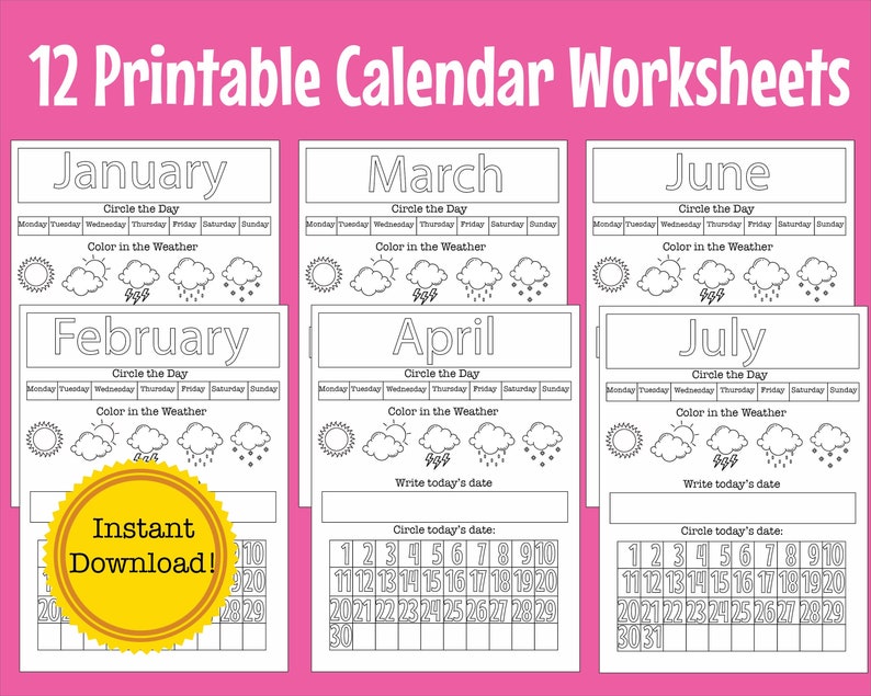 12-preschool-kindergarten-calendar-worksheet-pages-month-etsy