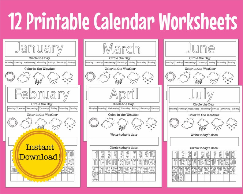 12 Preschool Kindergarten Calendar Worksheet Pages Month Etsy