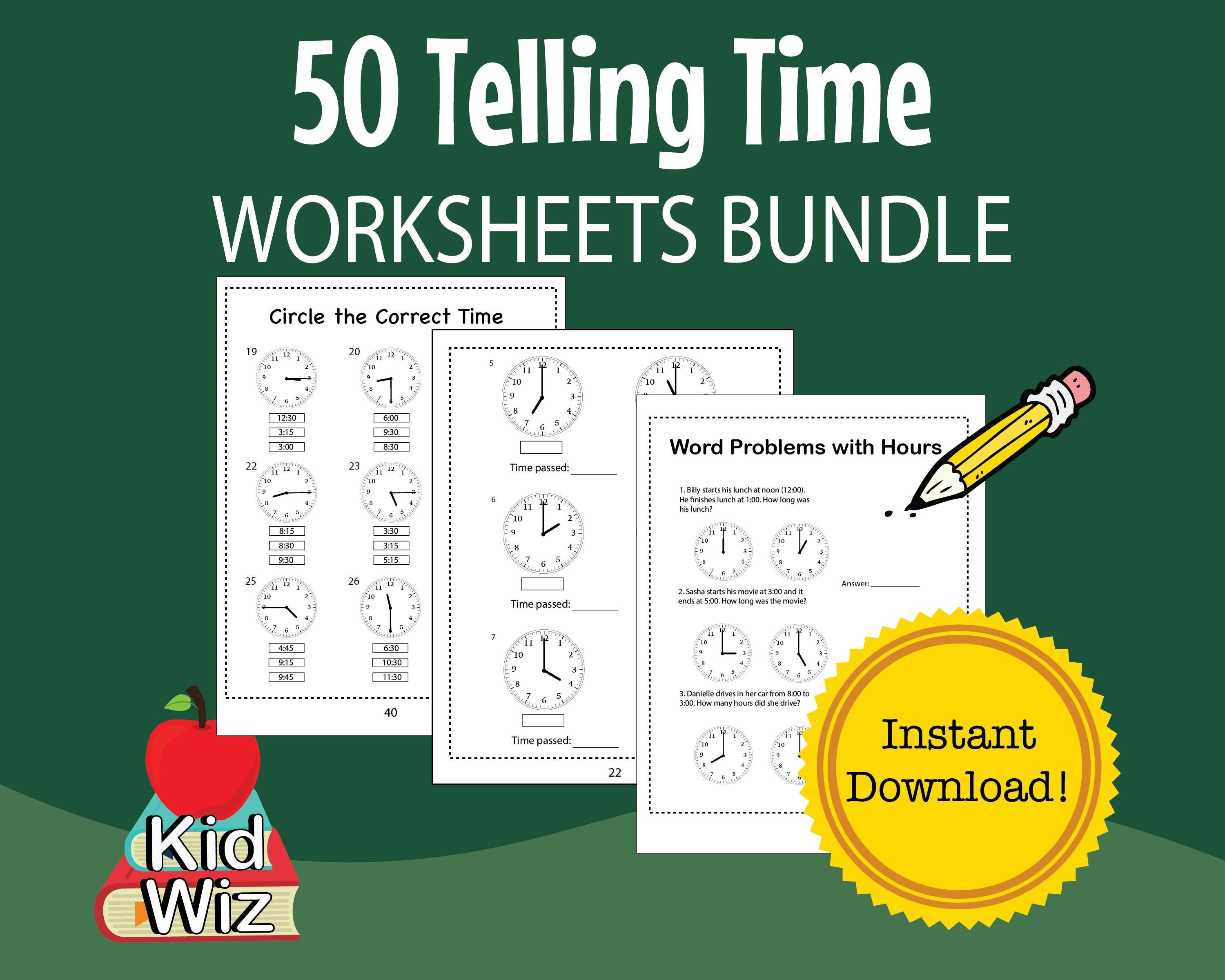telling time math worksheet 50 page bundle instant download etsy