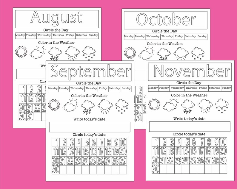 12 Preschool Kindergarten Calendar Worksheet Pages Month Etsy