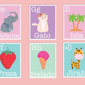 May include: Six colorful flashcards with letters of the alphabet and corresponding Spanish words. The letters are E, G, I, F, H, and J. The words are Elefante, Gato, Isla, Fresa, Helado, and Jirafa.