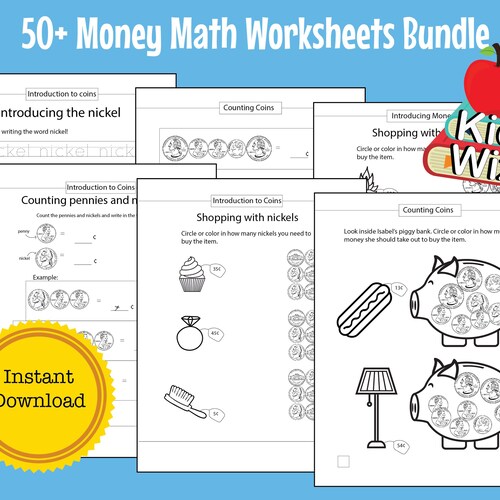 counting coins money math worksheet 50 page bundle instant etsy