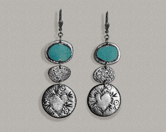 BLAU SILBER OHRRINGE Dreifach Tropfen Herz Polymer Clay Elegantes Valentinstag Geschenk