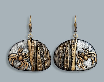 Handgefertigte Spinnennetz-Ohrringe, Halloween-Ohrringe, Polymer-Ton, Bronze und Silber, leichtes Geschenk