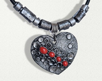 SIMPLE HEART NECKLACE - Polymer Clay Silver and Red Heart Pendant - Handmade Artistic Valentine's Gift