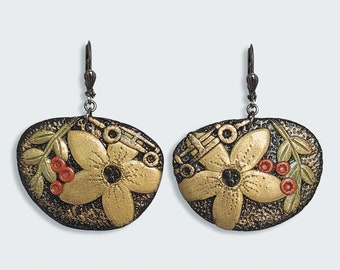 Botanische Blumenohrringe aus Polymer Clay | Boho Blumen baumelt