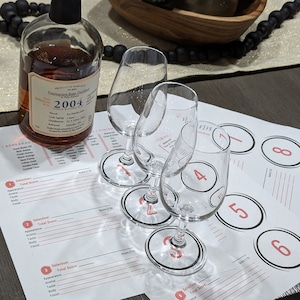 May include: A clear glass bottle of Foursquare Rum Distillery 2004 single blend rum with a gold cap. The bottle is sitting on a white sheet of paper with a rum tasting scorecard. There are three empty clear glass tasting glasses on the scorecard.