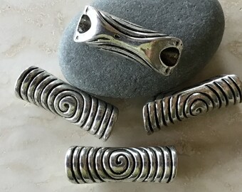 Destash Beads: 4 large pewter tube beads with swirl pattern