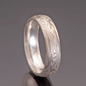 Unique Mokume Gane Wedding Ring in Shibuichi and Sterling Silver 6mm Wide Comfort fit