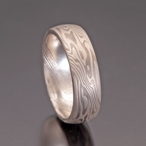 Unique Mokume Gane Wedding Ring in Shibuichi and Sterling Silver, 7mm Wide, Comfort Fit