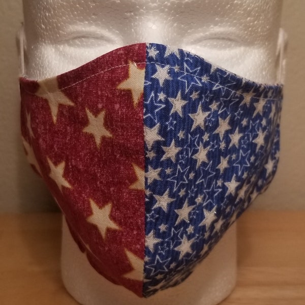Americana Fitted Reversible Face Mask - 100% Cotton - Soft Elastic Straps - Washable - 3 Sizes - Stars - Red, White, and Blue