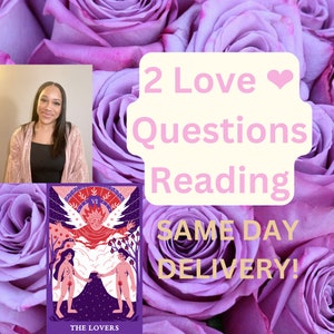 Peut inclure: Un service de lecture de cartes de tarot sur fond de fleurs violettes. La carte montrée est la carte des Amoureux. Le texte dit "2 Love Questions Reading SAME DAY DELIVERY!"