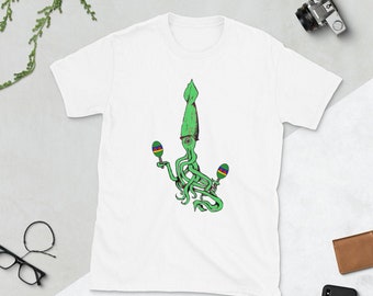 Squid T-Shirt, Squid Shirt, Creature T-Shirt, Creature Shirt, Men's T-Shirt, Women's T-Shirt, Gift, Squid Playing Maracas, Unisex