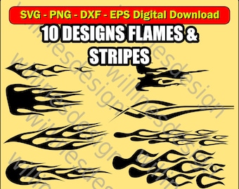 May include: Ten black and white flame and stripe designs for digital download. SVG, PNG, DXF, and EPS file formats are included.