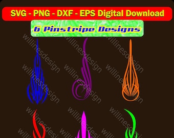 May include: Six pinstripe designs in various colors, including blue, purple, orange, red, pink, and green. The designs are stylized flames and swirls.