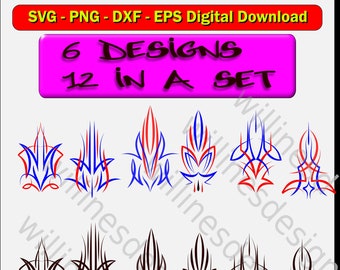 May include: Twelve pinstripe designs in a set of six, featuring red, blue, and black stylized flames. The designs are perfect for use in car customization, vinyl decals, or other creative projects.