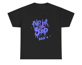 May include: Black t-shirt with the words "Never Stop" in a purple graffiti-style design. The word "Dreaming" is in pink above the word "Stop". The shirt has a crew neck and short sleeves.