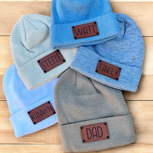 Personalized Name Beanie with Caramel Patch, Newborn Baby Infant Toddler Kids and Adult