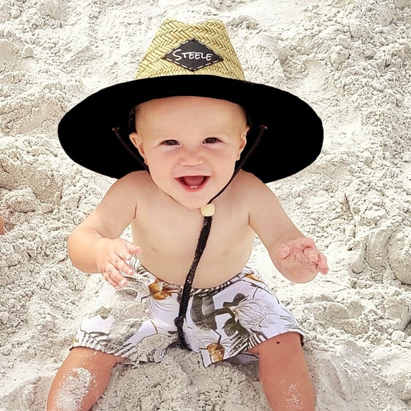 Personalized Beach Straw Hat | Infant Child Baby Toddler Kids Adult Youth Sun Hat | Custom Name Patch | Vegan Leather