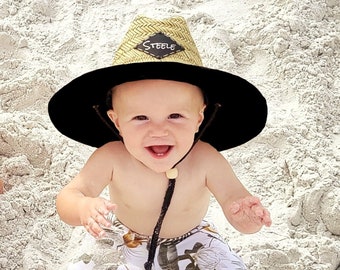 Personalized Beach Straw Hat | Infant Child Baby Toddler Kids Adult Youth Sun Hat | Custom Name Patch | Vegan Leather