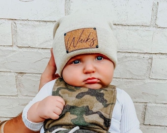 Custom Baby Beanie Hat | Newborn Infant Toddler Kids Youth Child Adult | Slouchy | Font Options | Personalized Name | Vegan Leather Patch