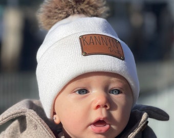 Personalized Name Beanie, Vegan Leather Patch, Baby Toddler Hat