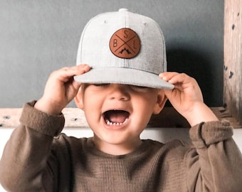 Circle Initials | Personalized | Symbol | Custom Infant Toddler Kids Youth Baby Snapback Hat | Child Cap | Flat Bill | Vegan Leather Patch