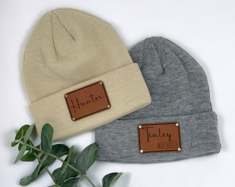 Personalized Name Patch Beanie, Vegan Leather Patch, Newborn, Baby, Kids, Adult