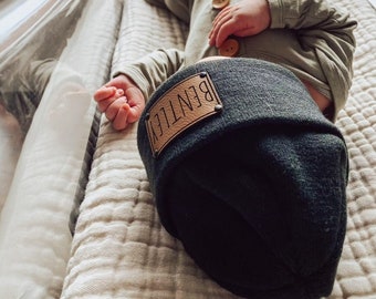 Personalized Name Beanie, Vegan Leather Patch, Custom Baby Toddler Hat