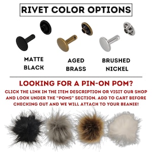 Peut inclure: Image pr&eacute;sentant des options de couleurs de rivets : noir mat, laiton vieilli et nickel bross&eacute;. L'image pr&eacute;sente &eacute;galement une vari&eacute;t&eacute; de pompons duveteux en noir, gris, marron et blanc. Le texte indique "OPTIONS DE COULEURS DE RIVETS" et "VOUS CHERCHEZ UN POMPON &Agrave; &Eacute;PINGLE ?"