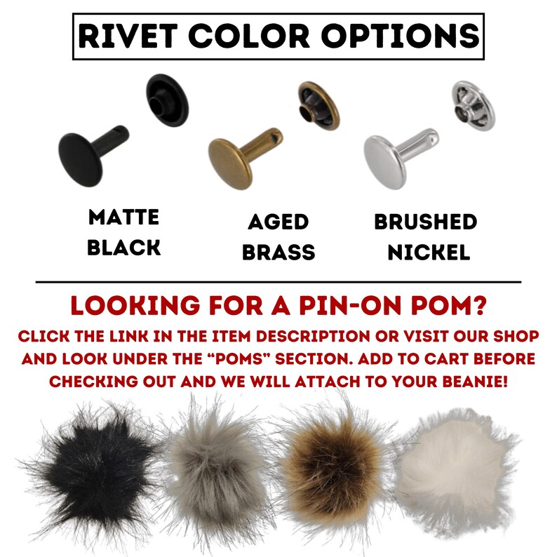 Peut inclure: Image pr&eacute;sentant des options de couleurs de rivets : noir mat, laiton vieilli et nickel bross&eacute;. L'image pr&eacute;sente &eacute;galement une vari&eacute;t&eacute; de pompons duveteux en noir, gris, marron et blanc. Le texte indique "OPTIONS DE COULEURS DE RIVETS" et "VOUS CHERCHEZ UN POMPON &Agrave; &Eacute;PINGLE ?"