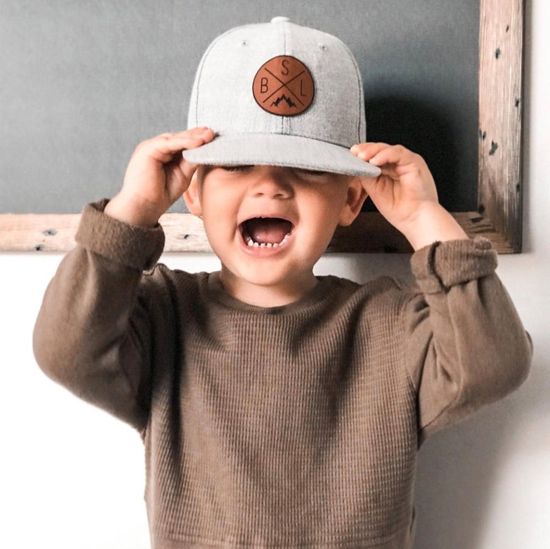 Circle Initials Personalized Custom Infant Toddler Kids Adult Youth Baby Snapback Hat Child Cap Flat Bill Vegan Leather Patch image 1