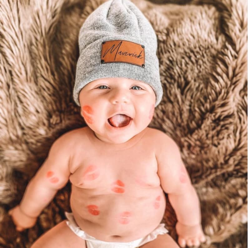 Name Beanie Custom Newborn Infant Toddler Kids Youth Child Hat Adult Slouchy Font Options Personalized Vegan Leather Patch zdjęcie 9