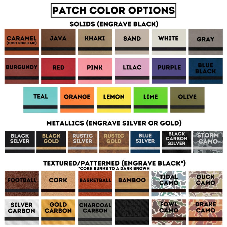 Peut inclure: Un nuancier de couleurs de patchs. Le tableau est divis&eacute; en options unies, m&eacute;talliques et textur&eacute;es/&agrave; motifs. Les couleurs incluent caramel, rouge, rose, bleu et des motifs camouflage. Le texte en haut indique "OPTIONS DE COULEURS DE PATCH".