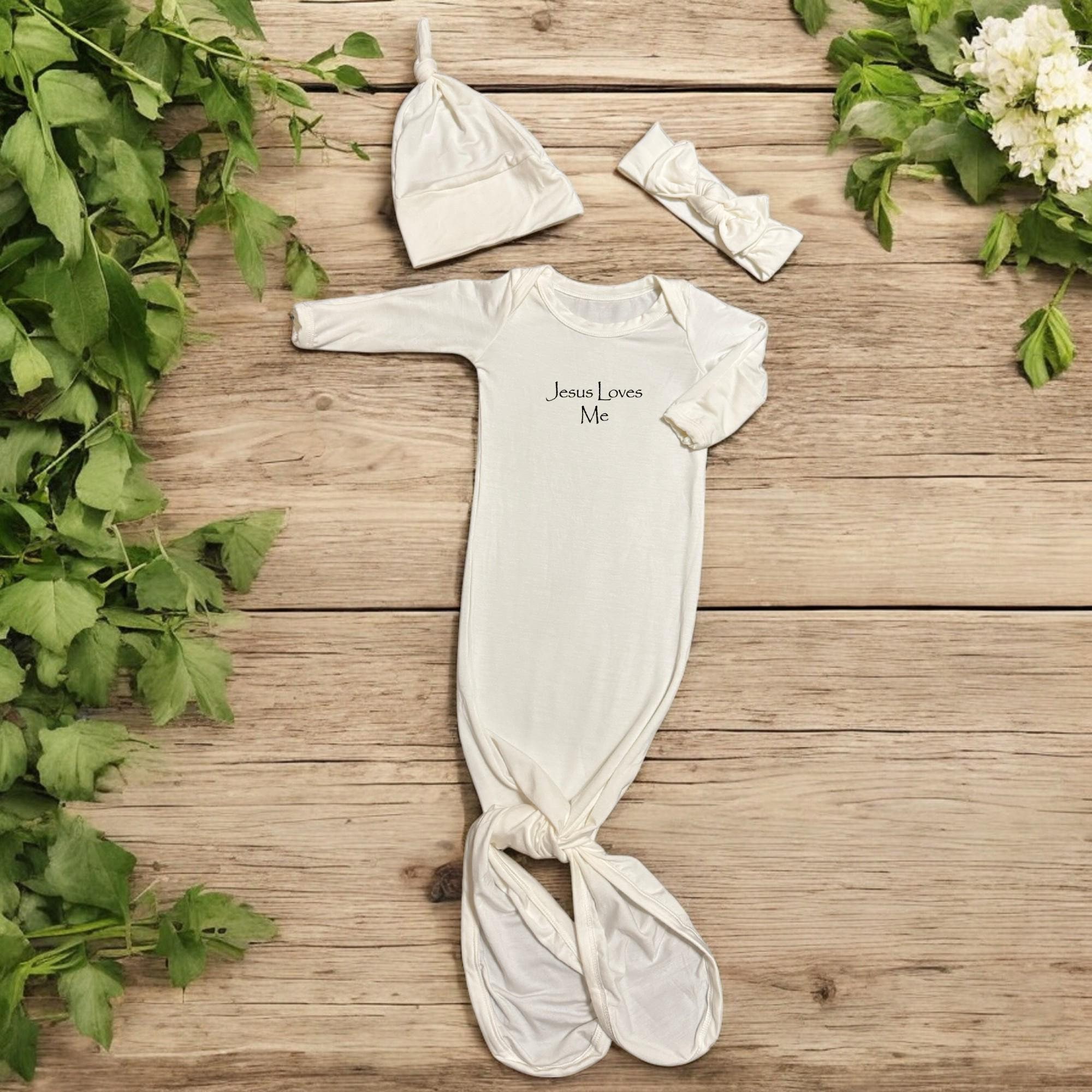 Personalized Bamboo Newborn Gown with Hat Jesus Loves, Baby Shower Gift