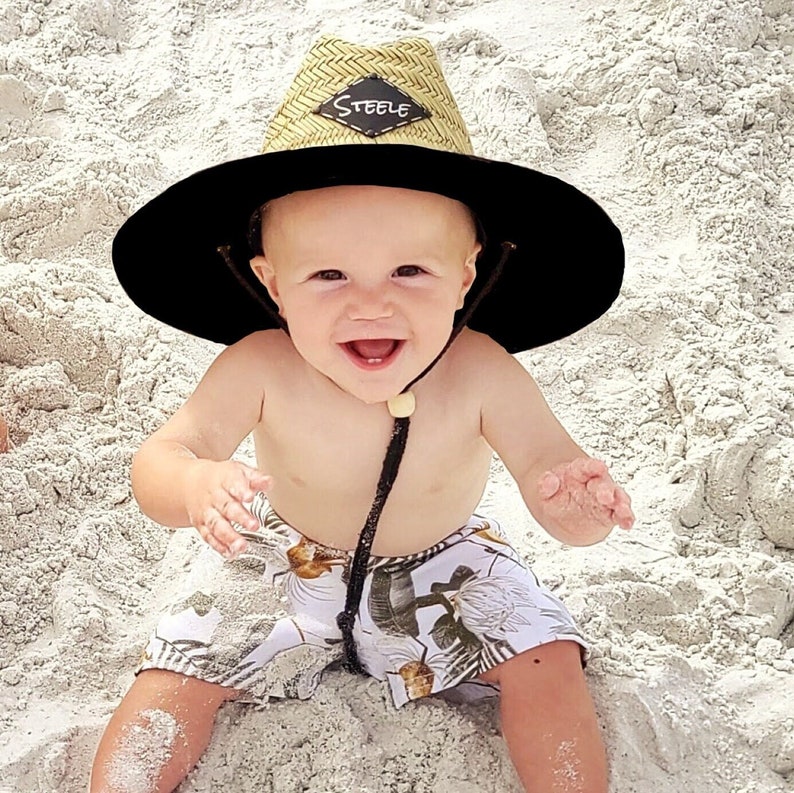 Personalized Beach Straw Hat Infant Child Baby Toddler Kids Adult Youth Sun Hat Custom Name Patch Vegan Leather image 1