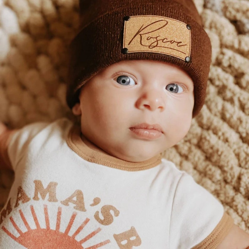 Name Beanie Custom Newborn Infant Toddler Kids Youth Child Hat Adult Slouchy Font Options Personalized Vegan Leather Patch zdjęcie 1