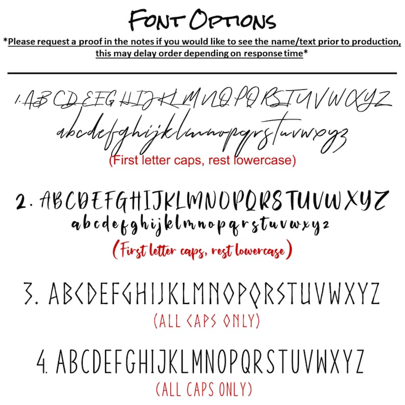 Peut inclure: Image pr&eacute;sentant des options de polices pour des produits personnalis&eacute;s. Comprend des exemples de styles manuscrits et de blocs, avec des variations de capitalisation. Le texte indique "FONT OPTIONS" et des instructions.
