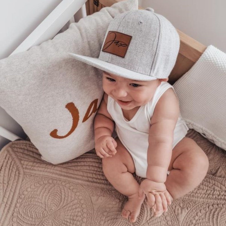 Custom Baby Hat Infant Toddler Kids Adult Youth Snapback Font Options Child Cap Personalized Name Flat Bill Vegan Leather Patch image 8