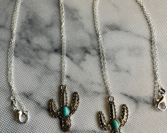 Silver Cactus Necklace with Turquoise Stone on Silver Chain