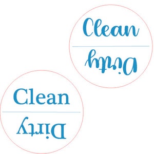 May include: Two round white magnetic labels with blue text. The top label says "Clean" and the bottom label says "Dirty".