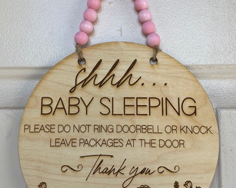 Sleeping baby sign, Shhh, Do not ring the doorbell, Do not knock, Leave packages at the door, Door hanging, Door hanger, Baby sign, Quiet